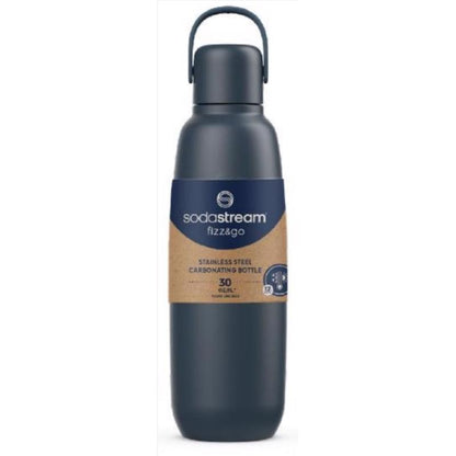 Blue CRBNTR bottle, 30oz, Emery Jensen C02 beverage accessory, shown with a clear view of the bottle and branding.