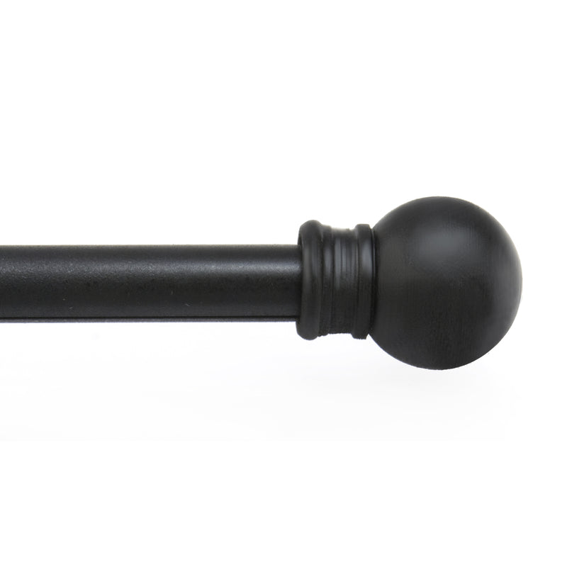 Black 48-inch Emery Jensen Cafe Rod Fiona for window curtains, featuring a sleek metal design with finials for classic style.