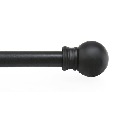 Black 48-inch Emery Jensen Cafe Rod Fiona for window curtains, featuring a sleek metal design with finials for classic style.