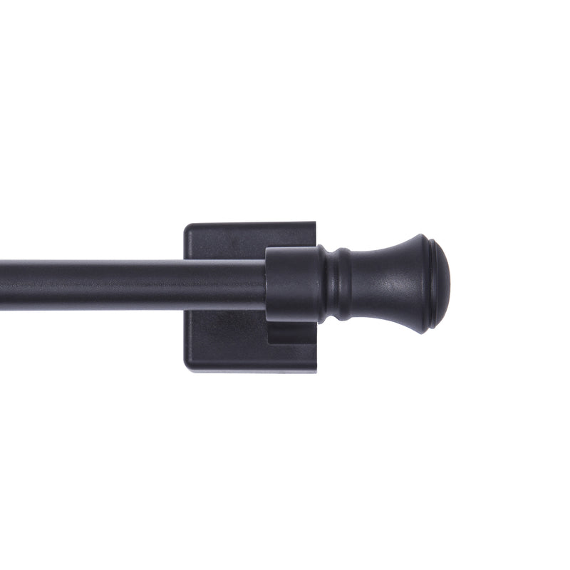 Black 28-inch Emery Jensen Cafe Rod magnet curtain rod mounted on a window frame for kitchen or cafe curtains.