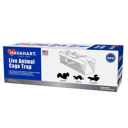 Emery Jensen small live catch cage trap for humane small animal capture, with metal wire construction and door mechanism.