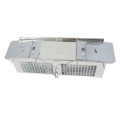 Emery Jensen Havahart cage trap, 10-inch size, durable metal trap for humane animal capture, shown with open door and wire mesh.