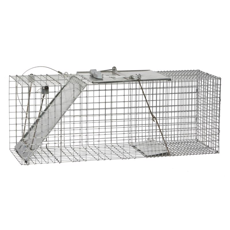 Emery Jensen Havahart cage trap, 32-inch metal cage trap for humane animal capture, with open door and secure latch.
