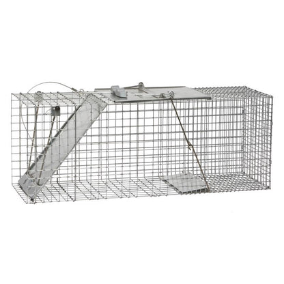 Emery Jensen Havahart cage trap, 32-inch metal cage trap for humane animal capture, with open door and secure latch.