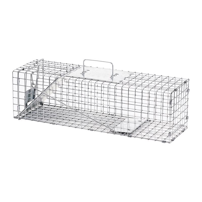 Emery Jensen 24-inch live trap cage for humane animal capture, made of durable metal with a sliding door and handle for easy transport.