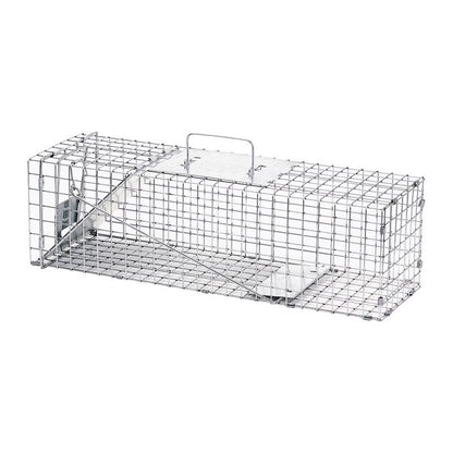 Emery Jensen 24-inch live trap cage for humane animal capture, made of durable metal with a sliding door and handle for easy transport.