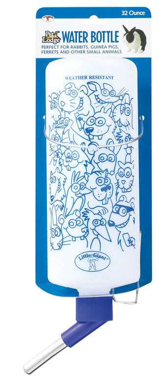 Emery Jensen rabbit water bottle attached to a cage, with a clear plastic design and metal sipper tube for small pet hydration.