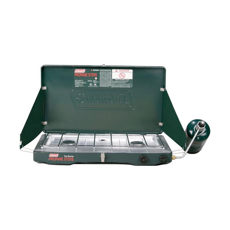 Emery Jensen Coleman propane camp stove STV 2BUR with two burners and stainless steel surface for outdoor cooking.