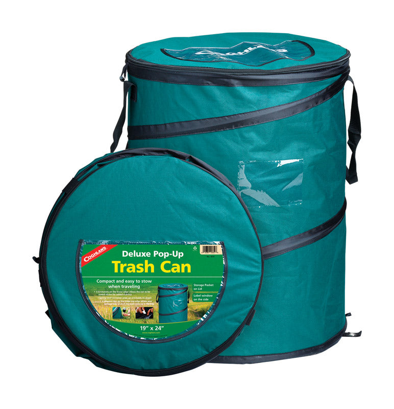 Emery Jensen Deluxe Pop Up Trash Can for camping, lightweight and portable outdoor camping accessories with secure closure.
