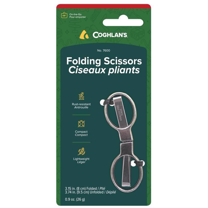 Emery Jensen folding scissors SS for camping accessories, compact stainless steel utility scissors with ergonomic handle.
