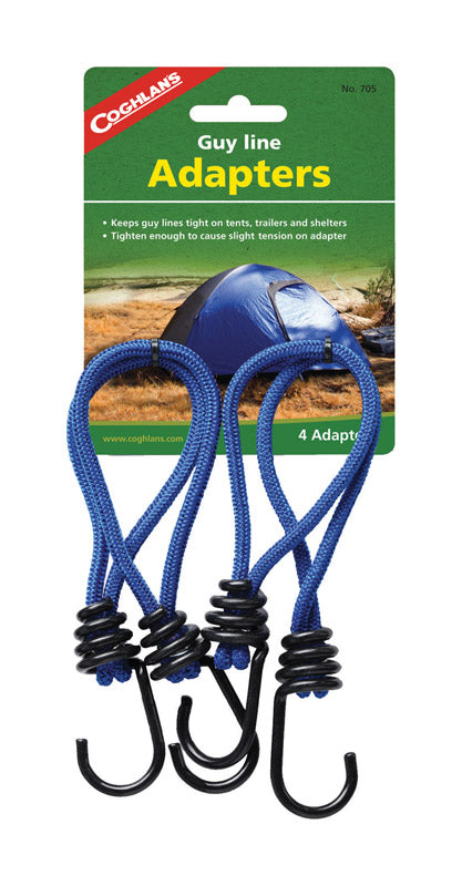 Set of four Emery Jensen guy line adapters for camping tents, designed to secure and adjust guy lines easily.