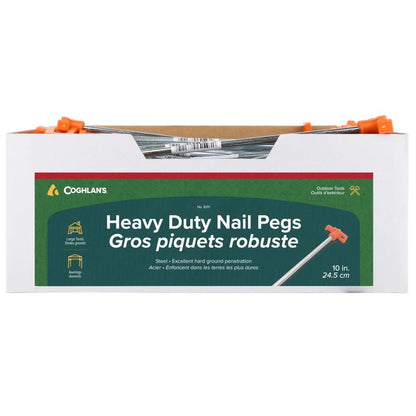 Emery Jensen camping accessories nail pegs, 10-inch, 100 count, used for securing tents and shelters outdoors.