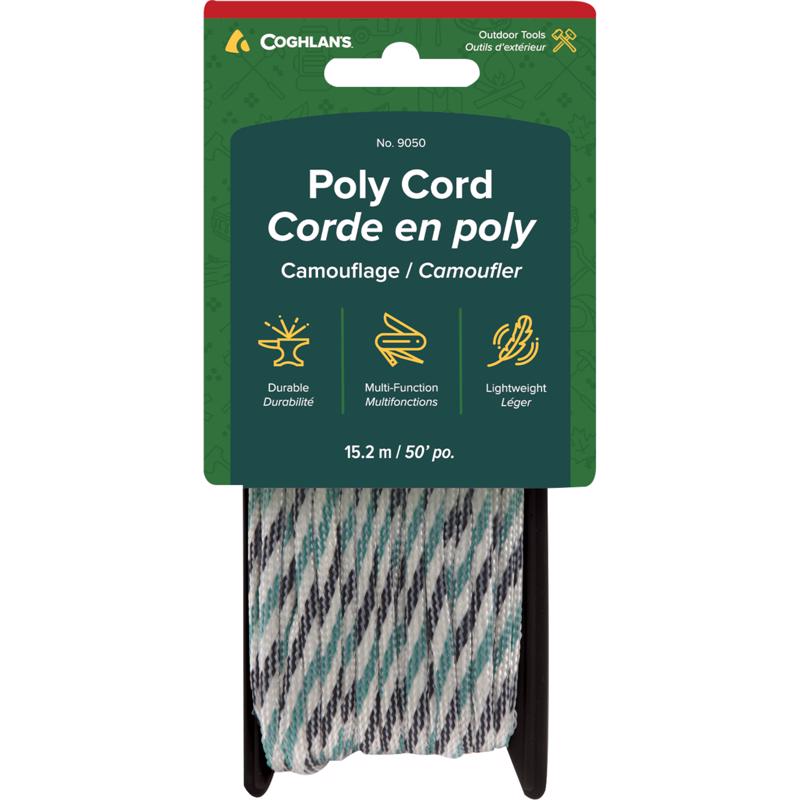 Emery Jensen poly cord 50-foot camo camping accessory with durable nylon strap for outdoor use and camping needs.