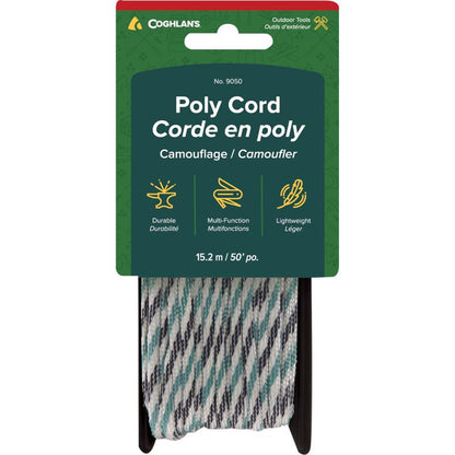 Emery Jensen poly cord 50-foot camo camping accessory with durable nylon strap for outdoor use and camping needs.