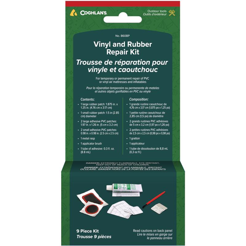 Emery Jensen camping repair kit with plastic and rubber patches for outdoor gear repair and maintenance.