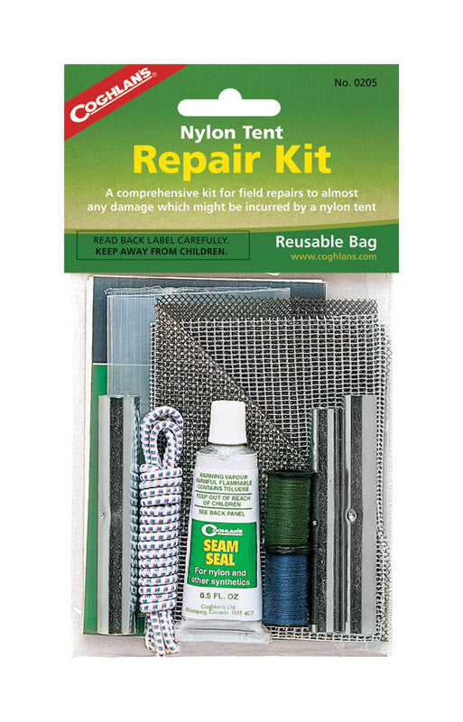 Emery Jensen nylon tent repair kit with patches and tools, camping accessories for quick tent fixes.
