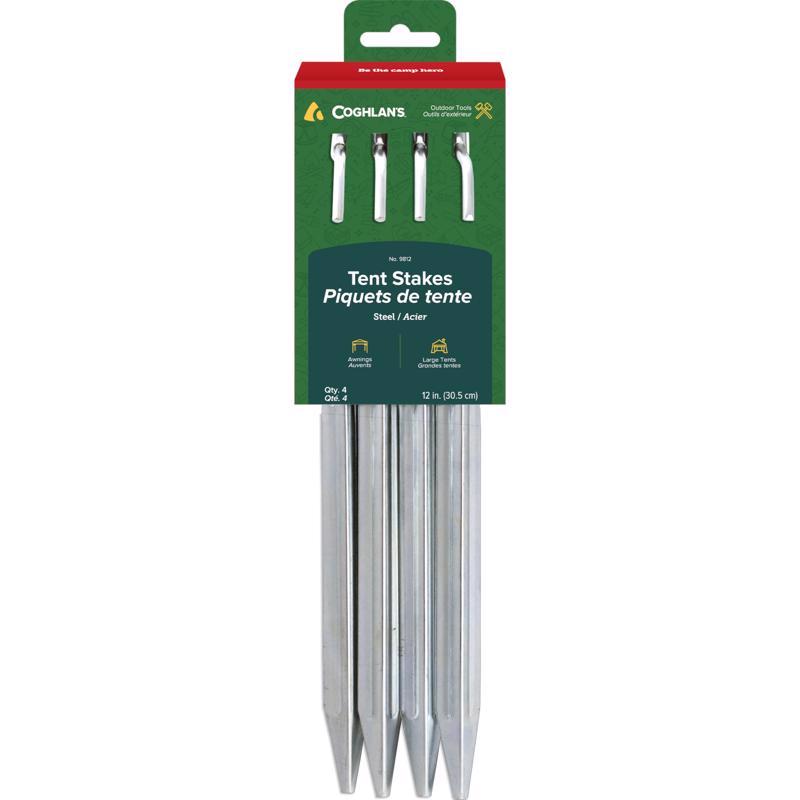 Set of four 12-inch steel tent stakes from Emery Jensen camping accessories for secure outdoor tent anchoring.