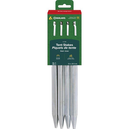 Set of four 12-inch steel tent stakes from Emery Jensen camping accessories for secure outdoor tent anchoring.