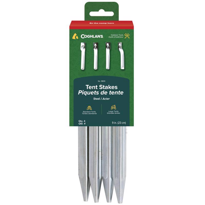 Set of four 9-inch steel tent stakes for camping, durable Emery Jensen camping accessories for secure tent anchoring.
