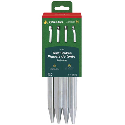 Set of four 9-inch steel tent stakes for camping, durable Emery Jensen camping accessories for secure tent anchoring.