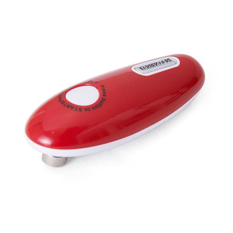 Red plastic can opener by Emery Jensen, showing the ergonomic handle and metal cutting wheel in a close-up shot.