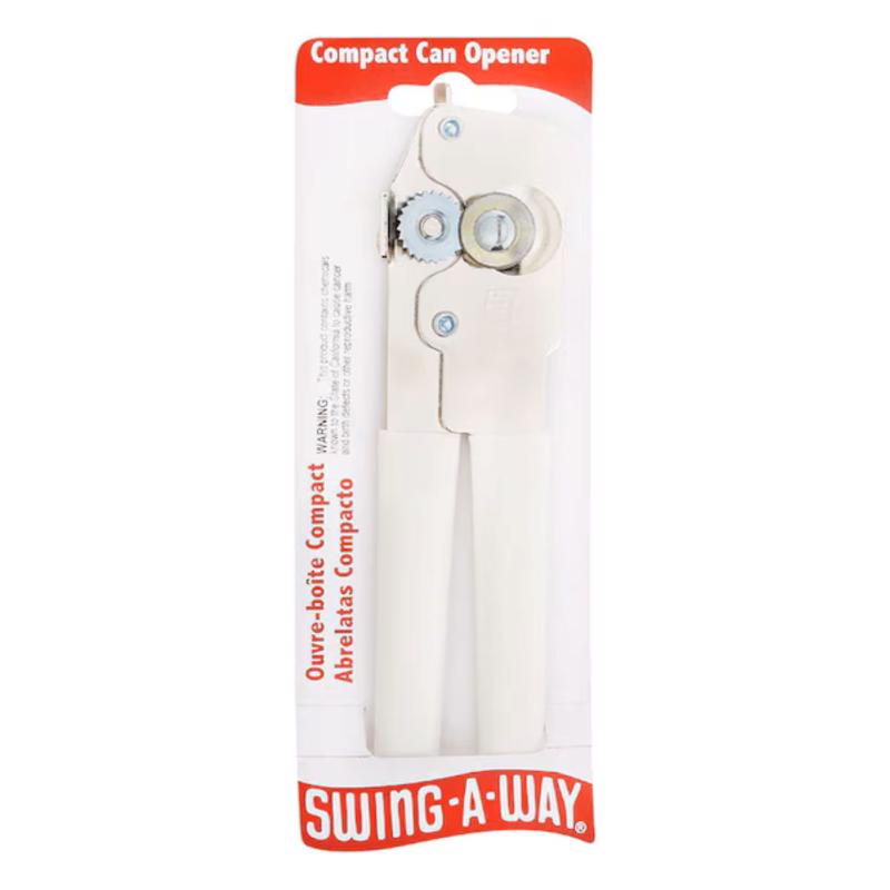 White compact can opener from Emery Jensen, featuring a sturdy handle and easy-turn mechanism for effortless opening.