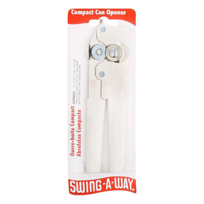 White compact can opener from Emery Jensen, featuring a sturdy handle and easy-turn mechanism for effortless opening.