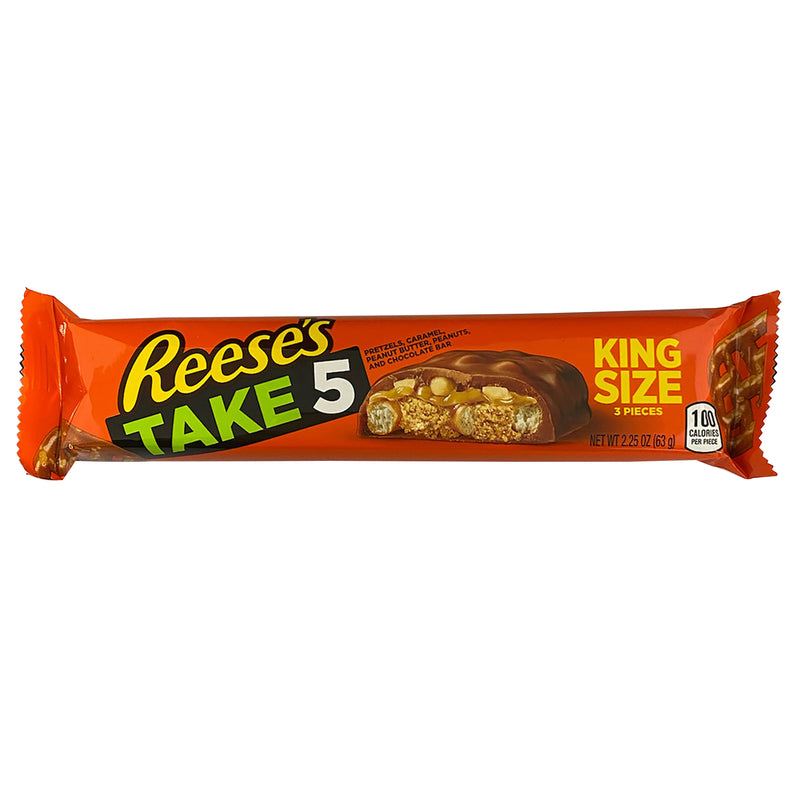 Emery Jensen Take 5 candy bars, 2.25 oz, pack of 18, chocolate and candy bars with caramel, peanut, and pretzel fillings.