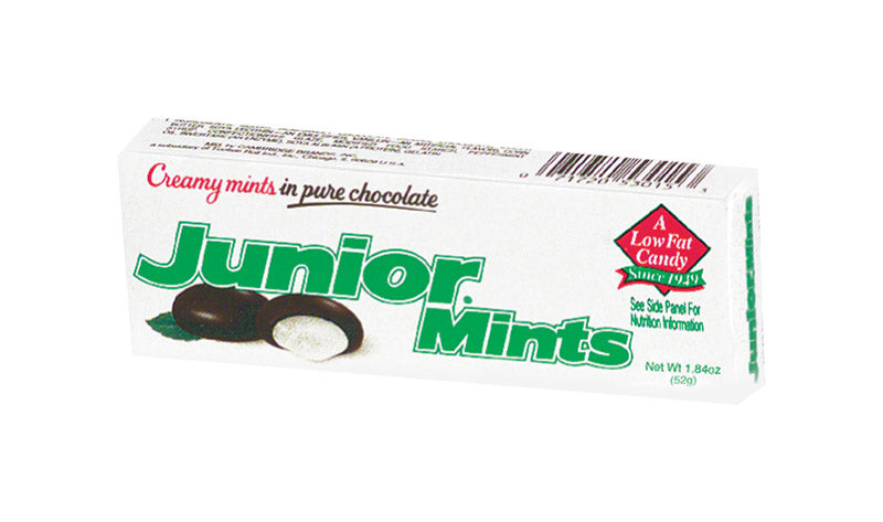 Emery Jensen Candy Junior Mints pack of 24 showing colorful mint candies in a clear plastic bag.