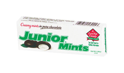 Emery Jensen Candy Junior Mints pack of 24 showing colorful mint candies in a clear plastic bag.