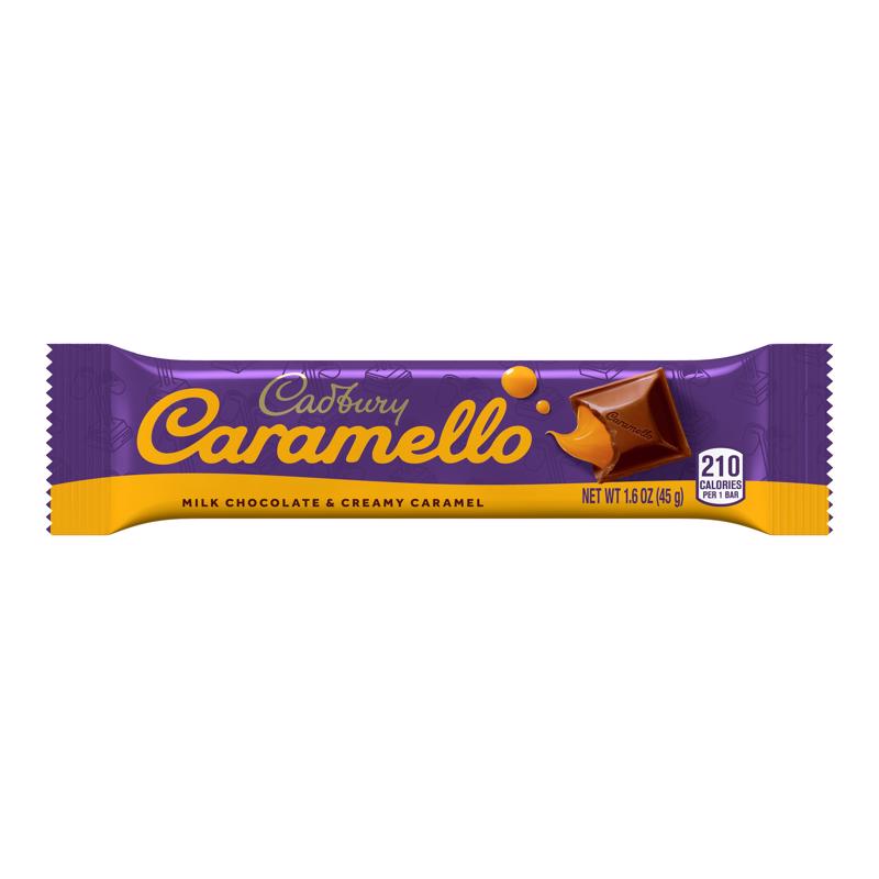 Emery Jensen Caramello candy and chocolate pack of 18 1.6oz pieces, featuring caramel-filled chocolates in a colorful wrapper.
