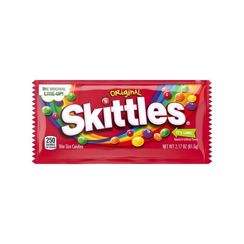 Emery Jensen Skittles Original candy 4oz packs, colorful fruit-flavored non-chocolate candies, 24-pack for snacking or parties.