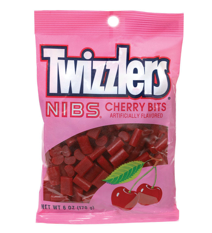 Pack of 12 Emery Jensen Cherry Twizzlr Candy 6oz bags featuring bright red twisted cherry-flavored non-chocolate candies.
