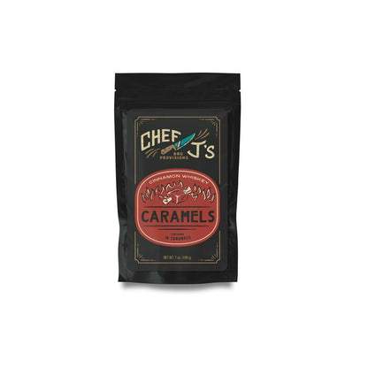 Emery Jensen cinnamon whiskey-flavored caramel candies in a 7oz bag, showing soft caramel pieces with swirls of cinnamon and whiskey flavor.