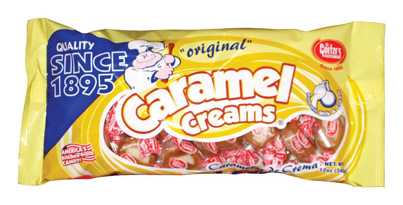 Emery Jensen Caramel Creams in 12oz packs, non-chocolate candies with creamy caramel filling, arranged in a display.
