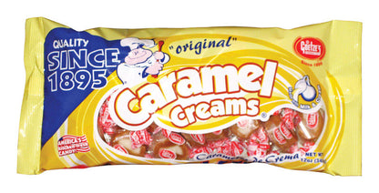 Emery Jensen Caramel Creams in 12oz packs, non-chocolate candies with creamy caramel filling, arranged in a display.