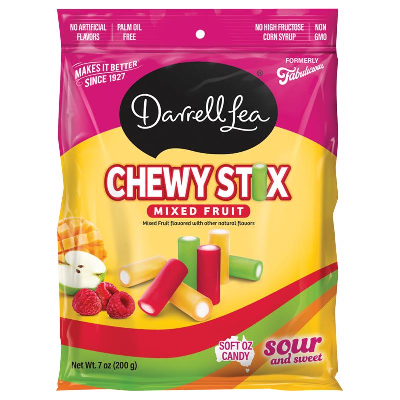 Eight packs of Emery Jensen Chewy Stix MX fruit-flavored candy sticks in 7oz packages, colorful and ready to enjoy.