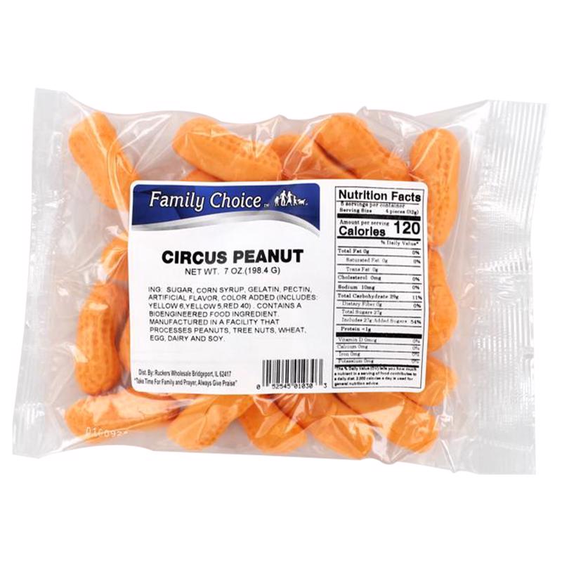 Emery Jensen Circus Peanuts candy in 7 oz packs, featuring orange marshmallow peanut-shaped candies, shown in a pack of 12.