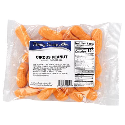 Emery Jensen Circus Peanuts candy in 7 oz packs, featuring orange marshmallow peanut-shaped candies, shown in a pack of 12.