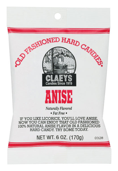 Emery Jensen Claeys Anise Candy 6oz, colorful non-chocolate candy with anise flavor in a clear bag.