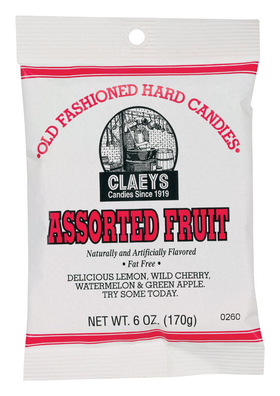 Emery Jensen Claiys Fruit Candy 6oz, colorful non-chocolate chewy fruit candies in a clear bag.
