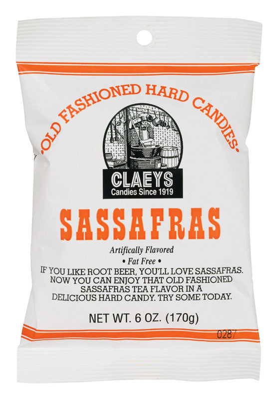 Emery Jensen Claeys Sassafras candy in a 6 oz bag, non-chocolate sweet treat with vibrant packaging and colorful candies inside.