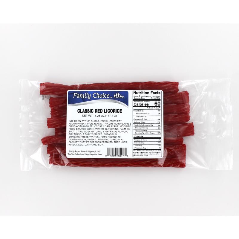 Pack of 12 Emery Jensen CLASSC Red Licorice 7 oz candy bags showing vibrant red licorice sticks on the front