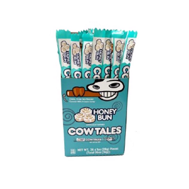 Pack of 36 Emery Jensen Cow Tails Honey Bun candies, non-chocolate chewy caramel and vanilla flavored treats.