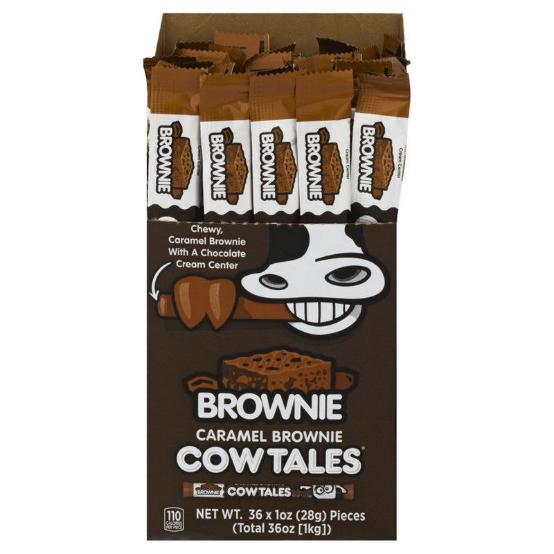 Emery Jensen Cow Tale Brownie Caramel candy pack of 36, chewy caramel and brownie-flavored non-chocolate candies on a white background.