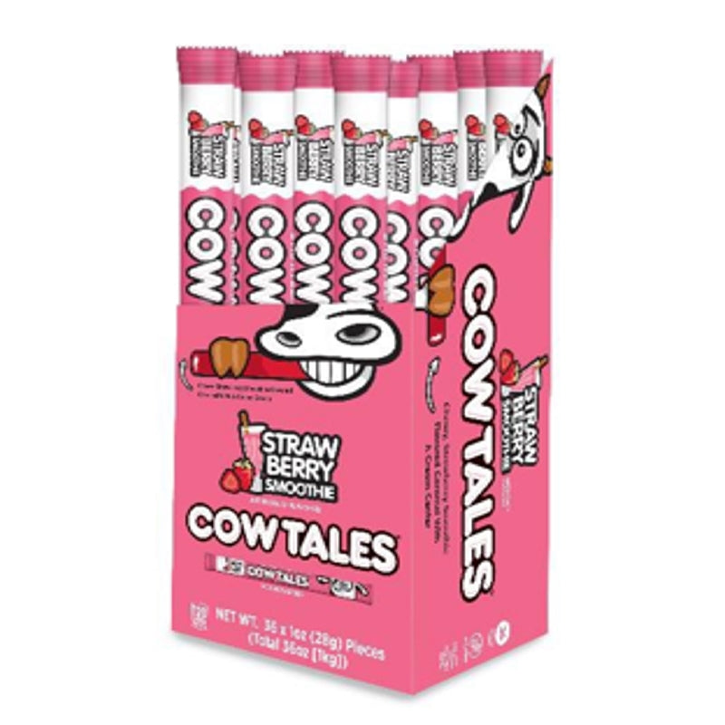 Emery Jensen Cow Tales Strawberry candy pack of 36, classic chewy strawberry-flavored non-chocolate treats in colorful packaging.
