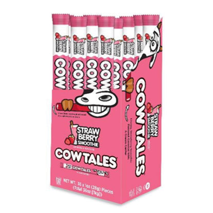 Emery Jensen Cow Tales Strawberry candy pack of 36, classic chewy strawberry-flavored non-chocolate treats in colorful packaging.