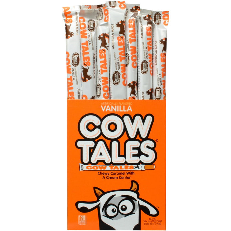 Assorted vanilla Cow Tales candies in a pack of 36 by Emery Jensen, featuring long, chewy vanilla-flavored candy sticks.