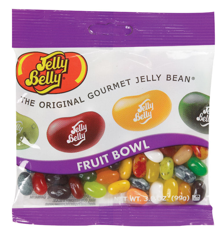 Assorted fruit jelly beans in a 3.5oz bag, Emery Jensen candy pack of 12, colorful non-chocolate candy treats.
