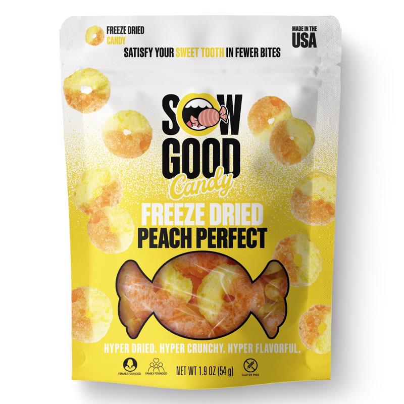 Emery Jensen dried peach candy bites in a clear bowl, showcasing their vibrant orange color and chewy texture.
